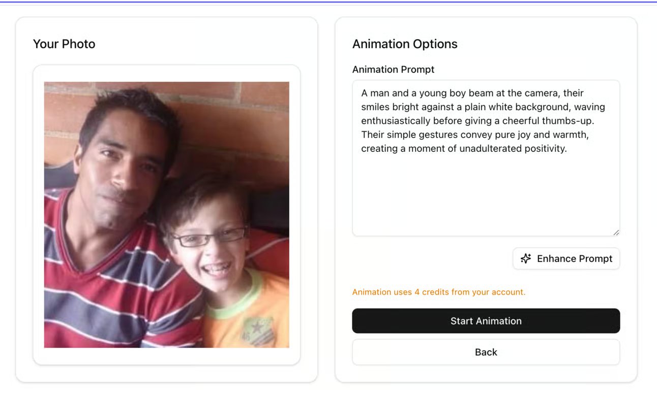 Screenshot of Nostalgiapicturesai.com AI prompt assistant interface showing how it enhances basic animation prompts with more detailed descriptions