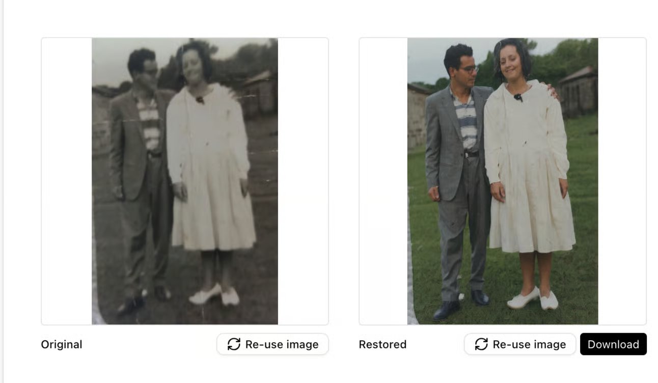 Screenshot of Nostalgiapicturesai.com image reuse feature showing the interface for selecting previously uploaded images